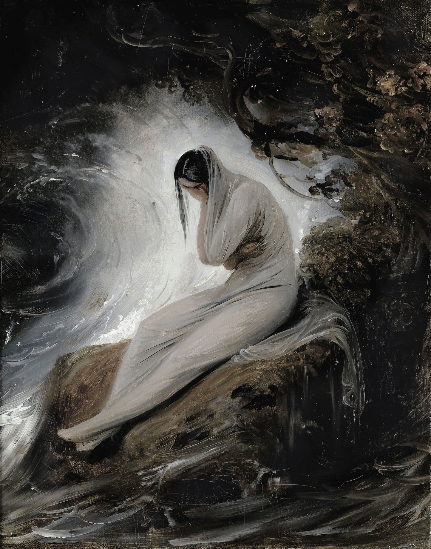Woman in a white dress sitting on a rock with swirling water and dark background