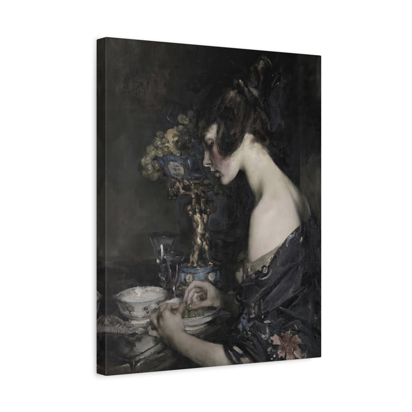 Vintage Portrait Canvas Art — Elegant Woman in Dark Still Life