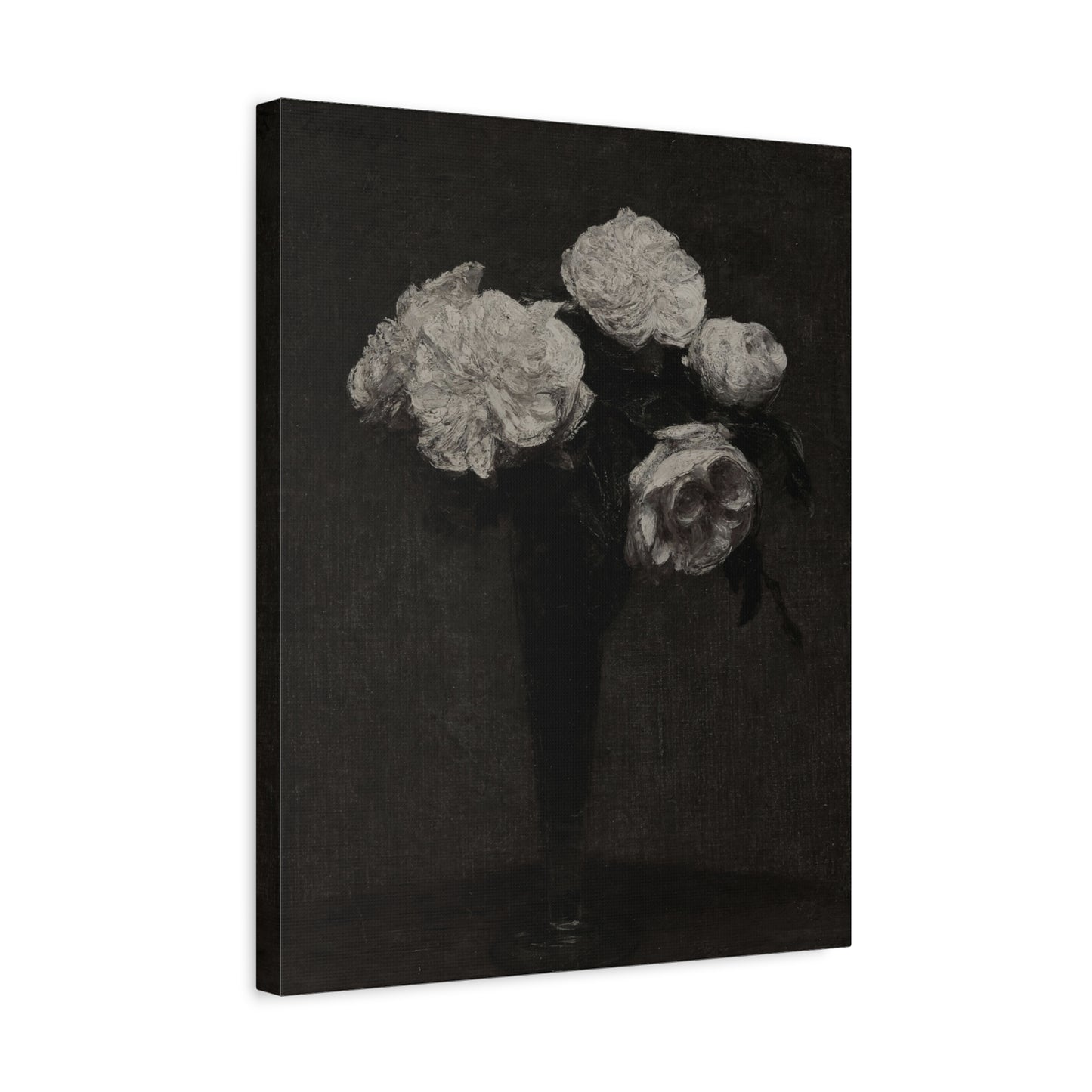 Vintage Black & White Floral Canvas Print — Peonies in Vase, Matte Stretched Wall Art