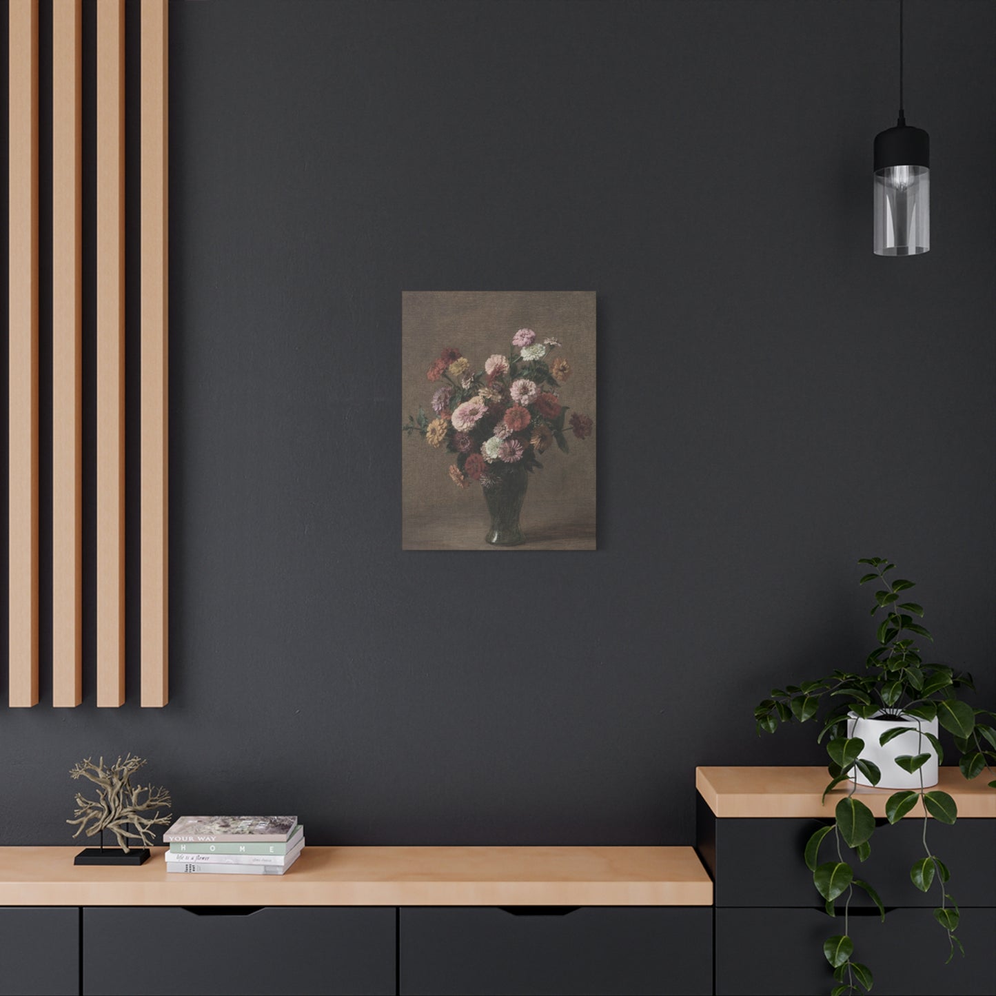 Floral painting on a dark wall with wooden shelves and decor