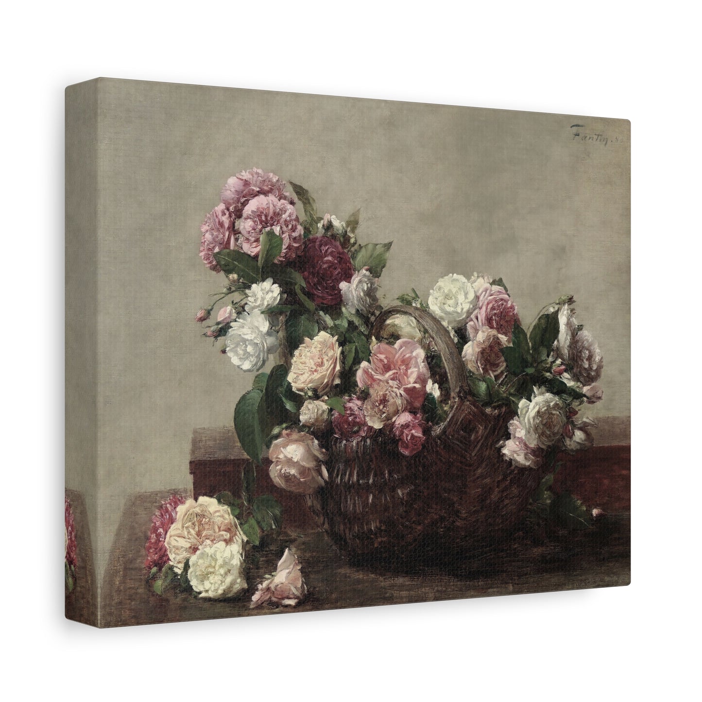 Canvas print of a still life painting featuring a wicker basket with flowers on a wooden surface.
