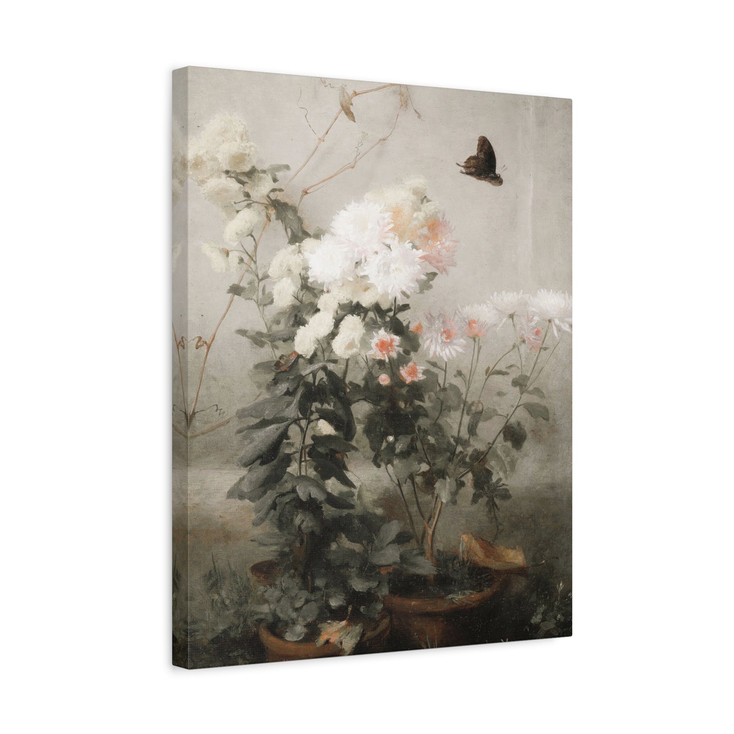 Vintage Floral Canvas Wall Art – Soft Botanical Print with Butterfly (Matte Stretched)