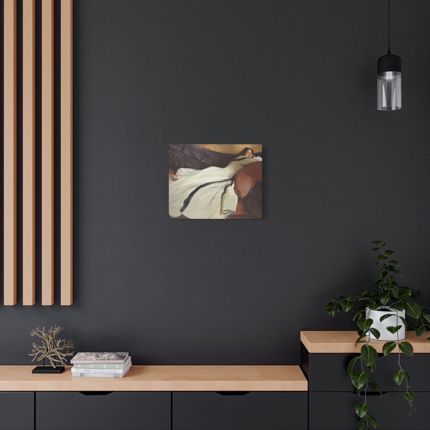 Modern interior with a painting on a dark wall, wooden shelves, and decorative items.