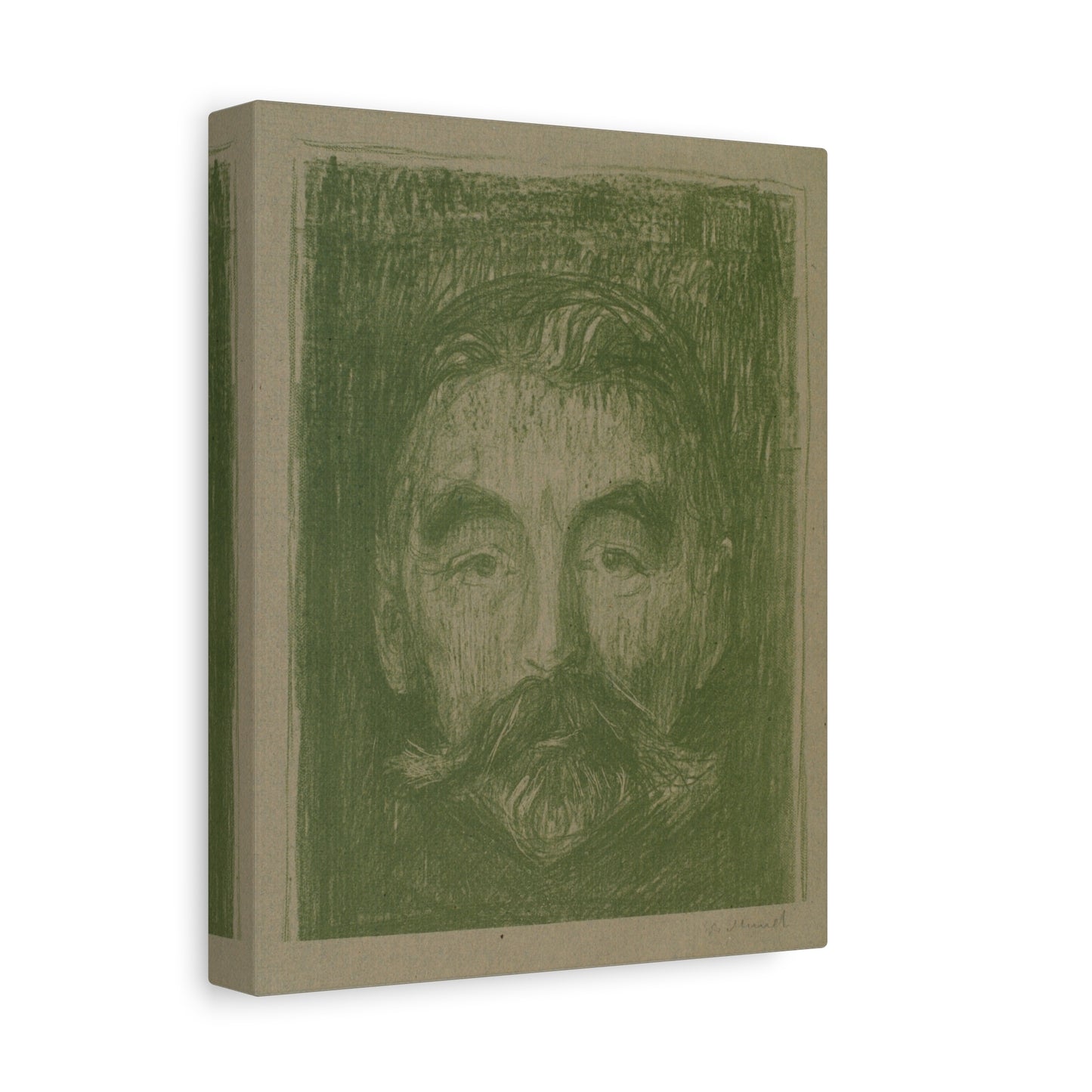 Matte Canvas, Stretched, 1.25" featuring a vintage-style green sketch of a man's face with textured shading and depth