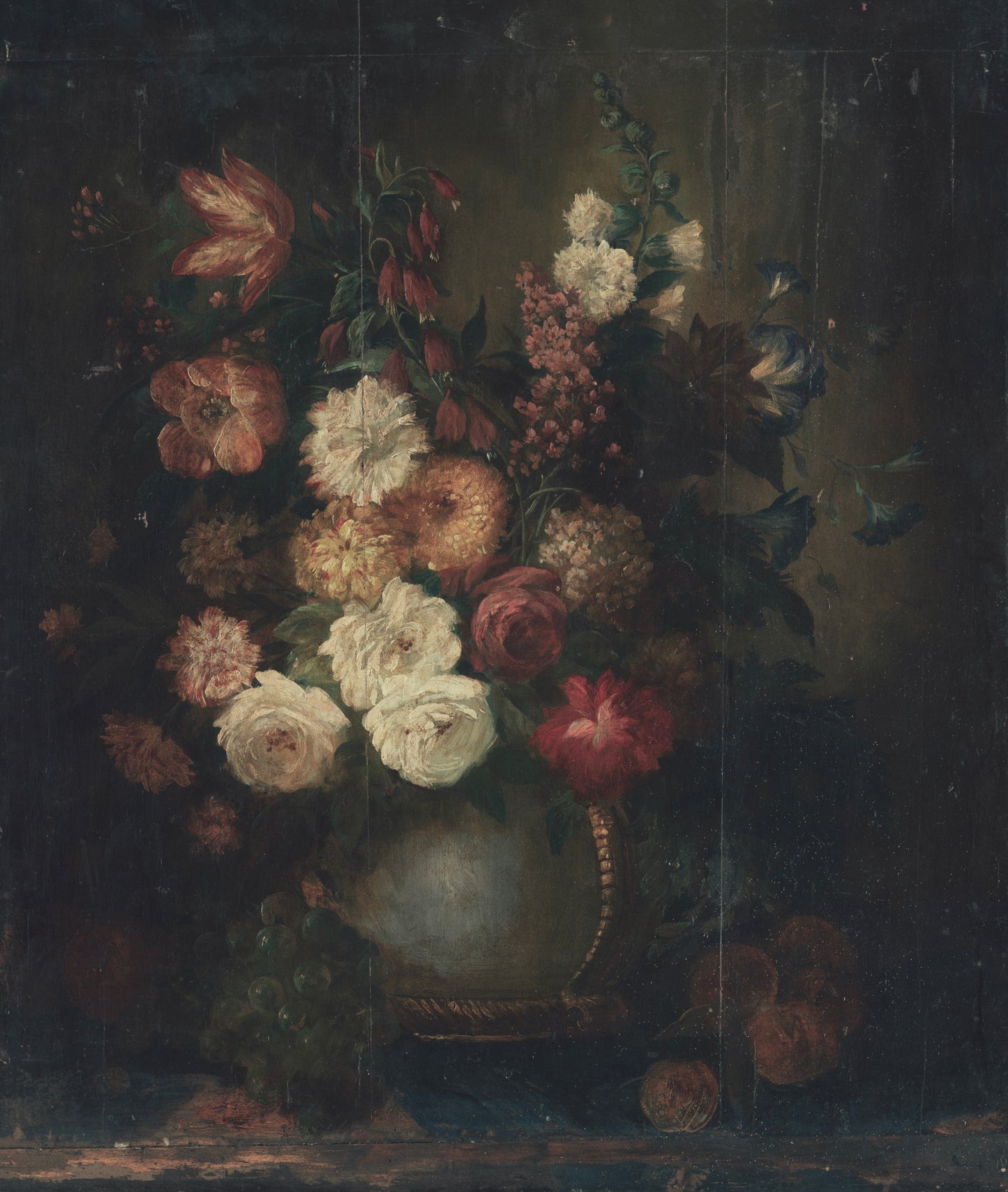 Still life painting of flowers in a vase on a dark background