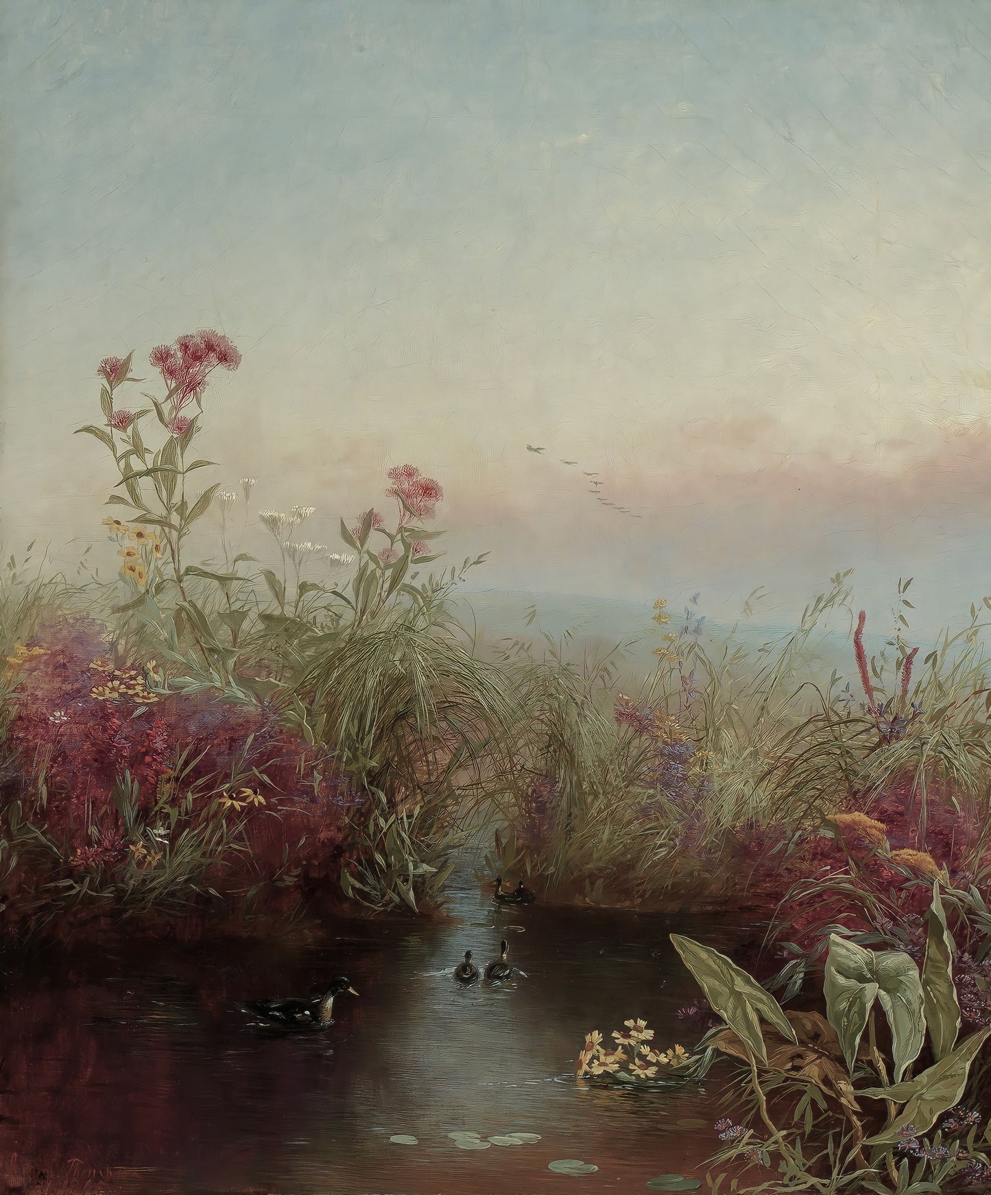 Painting of a natural landscape with a stream, flowers, and ducks.