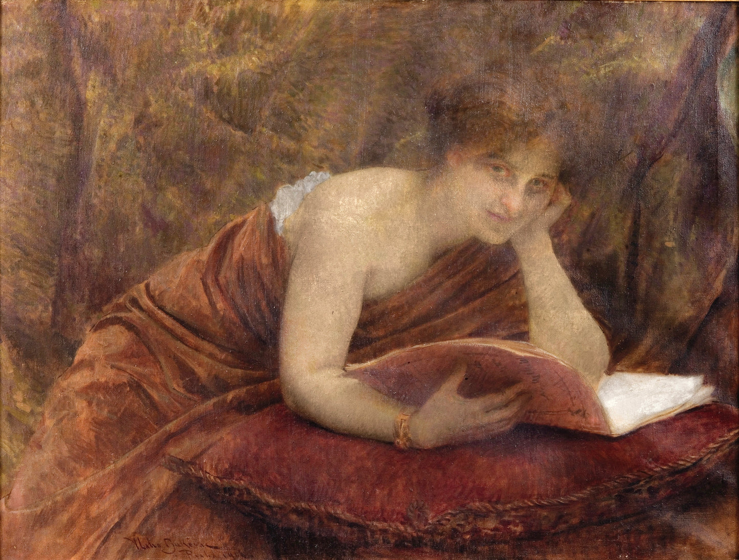 Woman reading a book in a draped setting