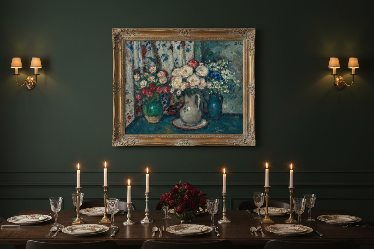 Vintage floral still life print in ornate gold frame on dark moody dining room wall