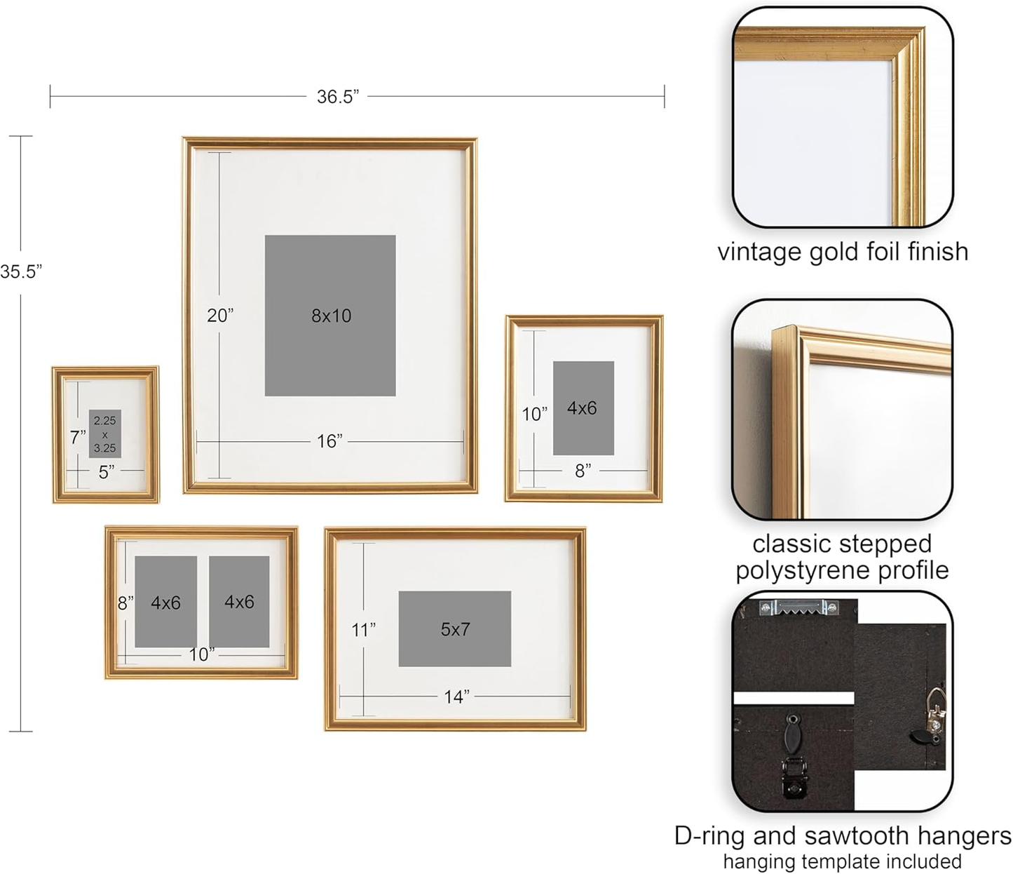Set of picture frames with dimensions and details on a white background