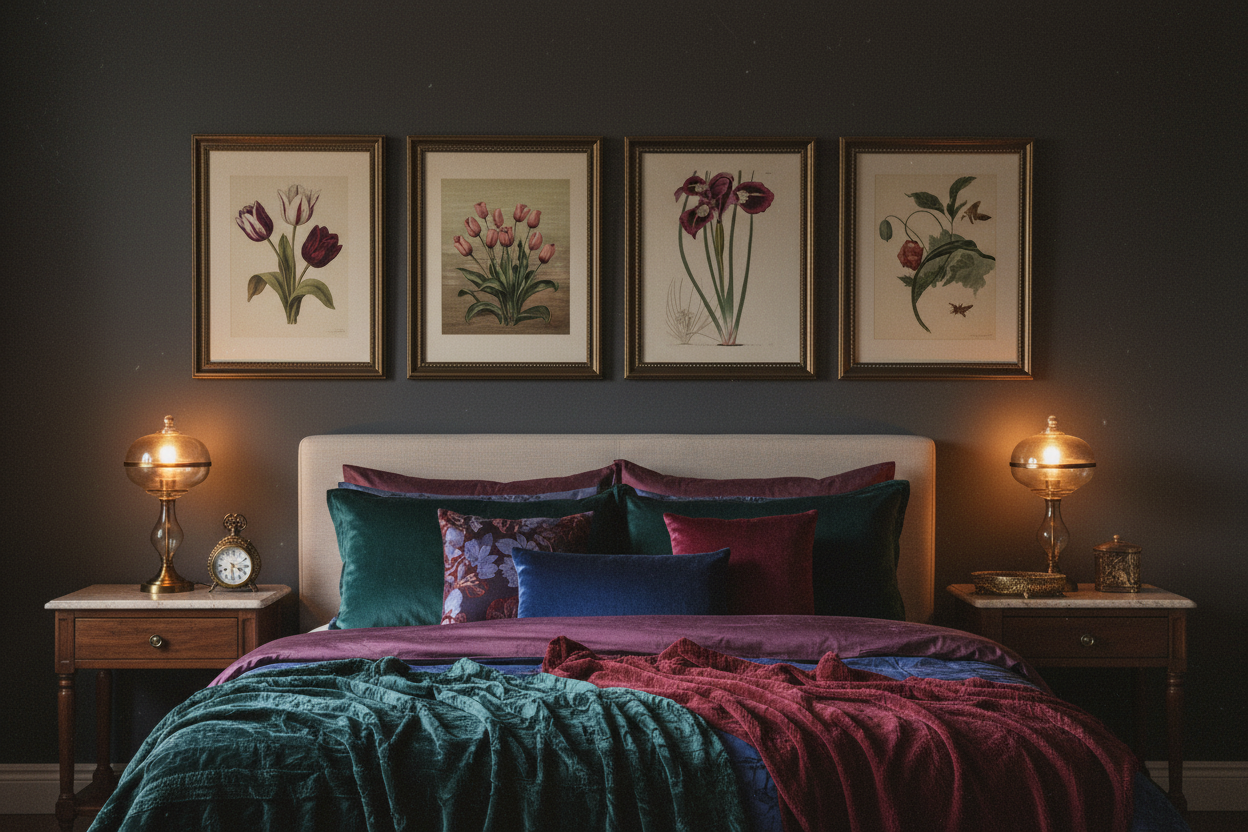 Vintage moody bedroom with tulip wall art bundle