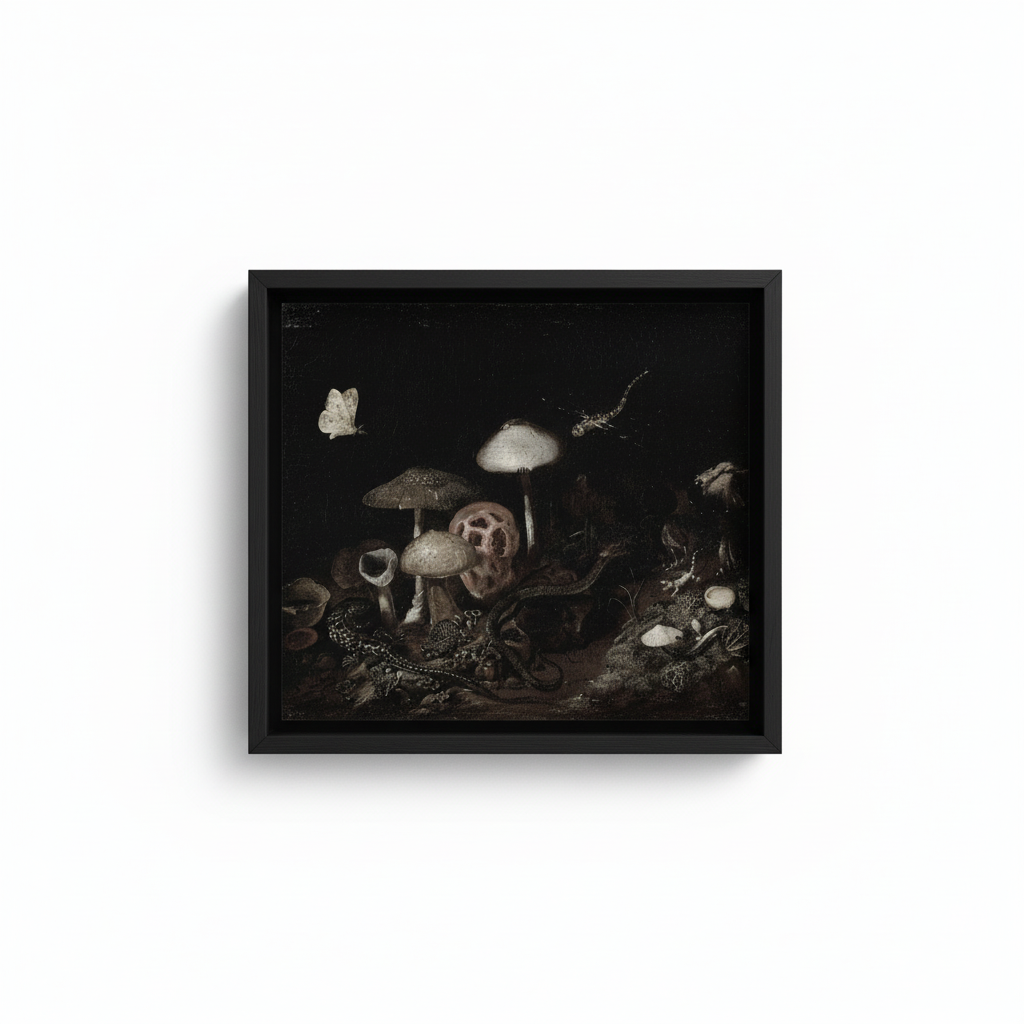 Mushroom Still Life in black frame with no matting