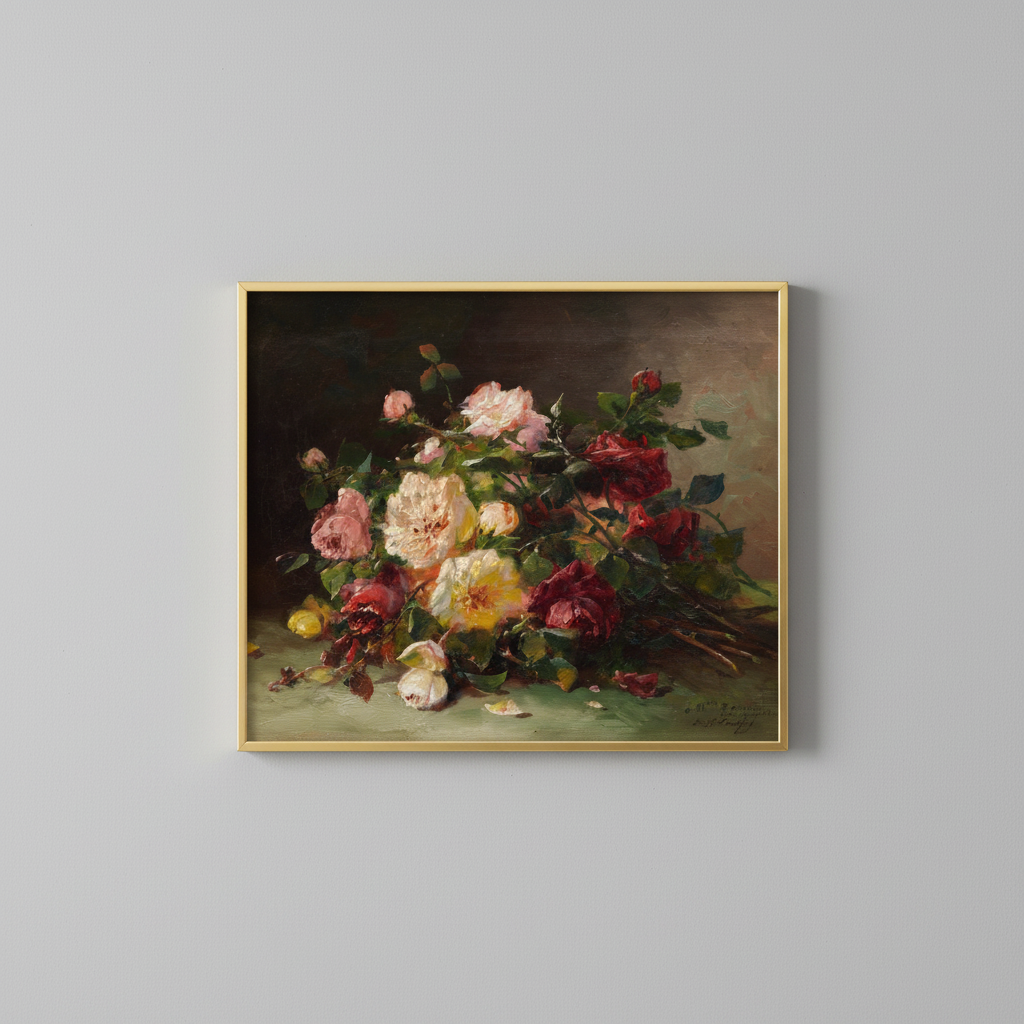 Vintage rose still life fine art print, displayed in brassy gold frame on light gray wall - elegant home decor