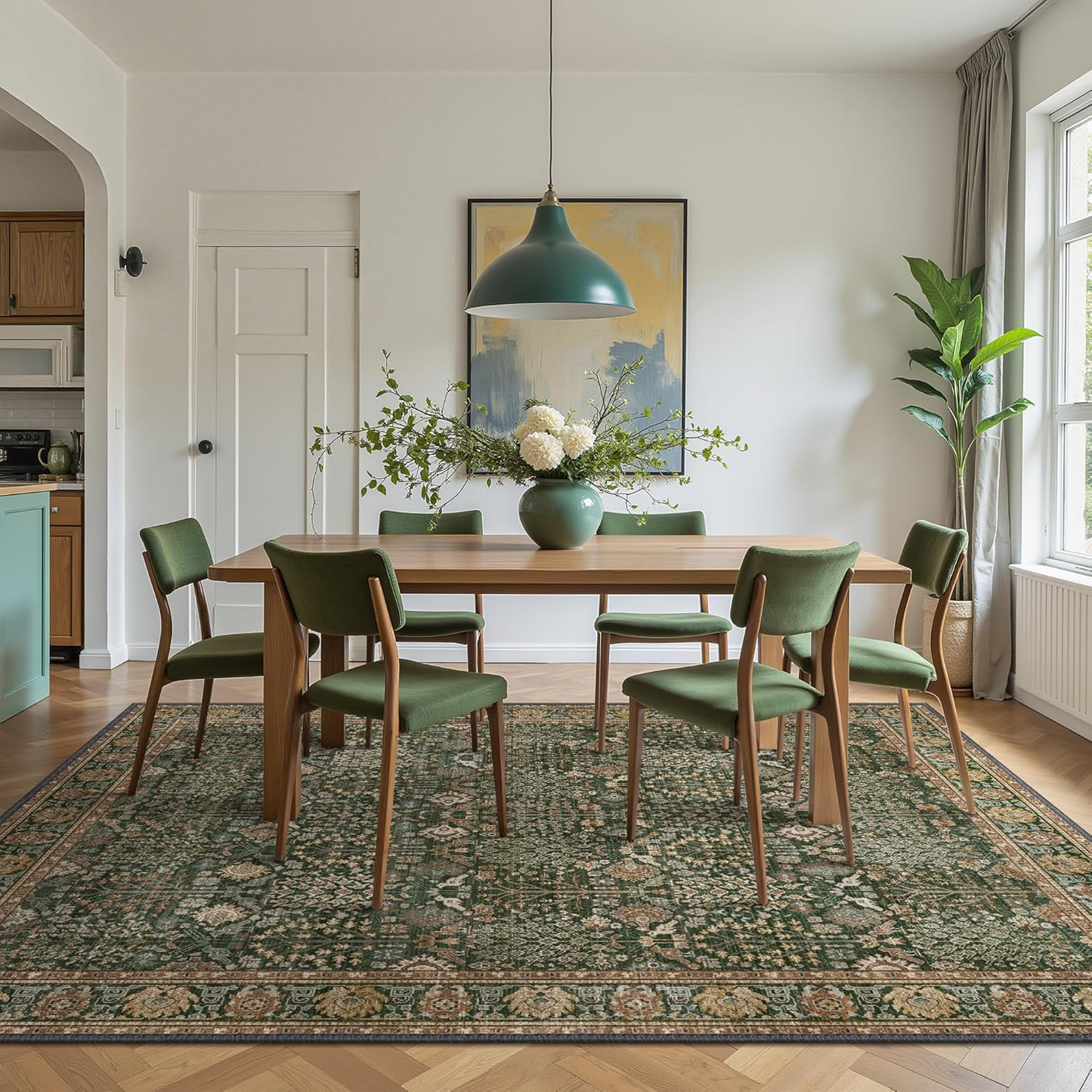 Dark Green Vintage Floral Area Rug 8x10 — Bavni Machine Washable Distressed Botanical