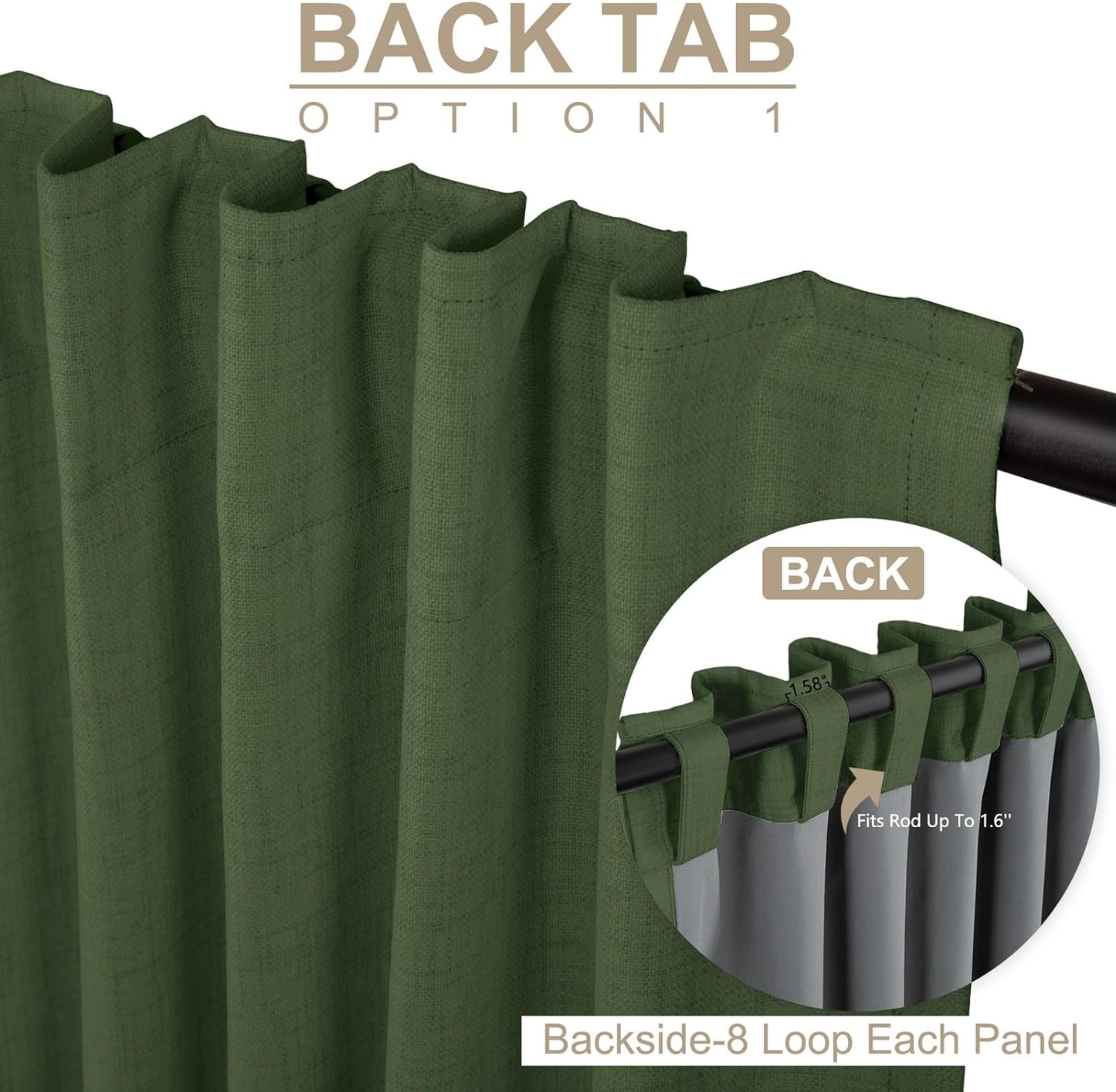Green curtain with back tab option labeled on a white background