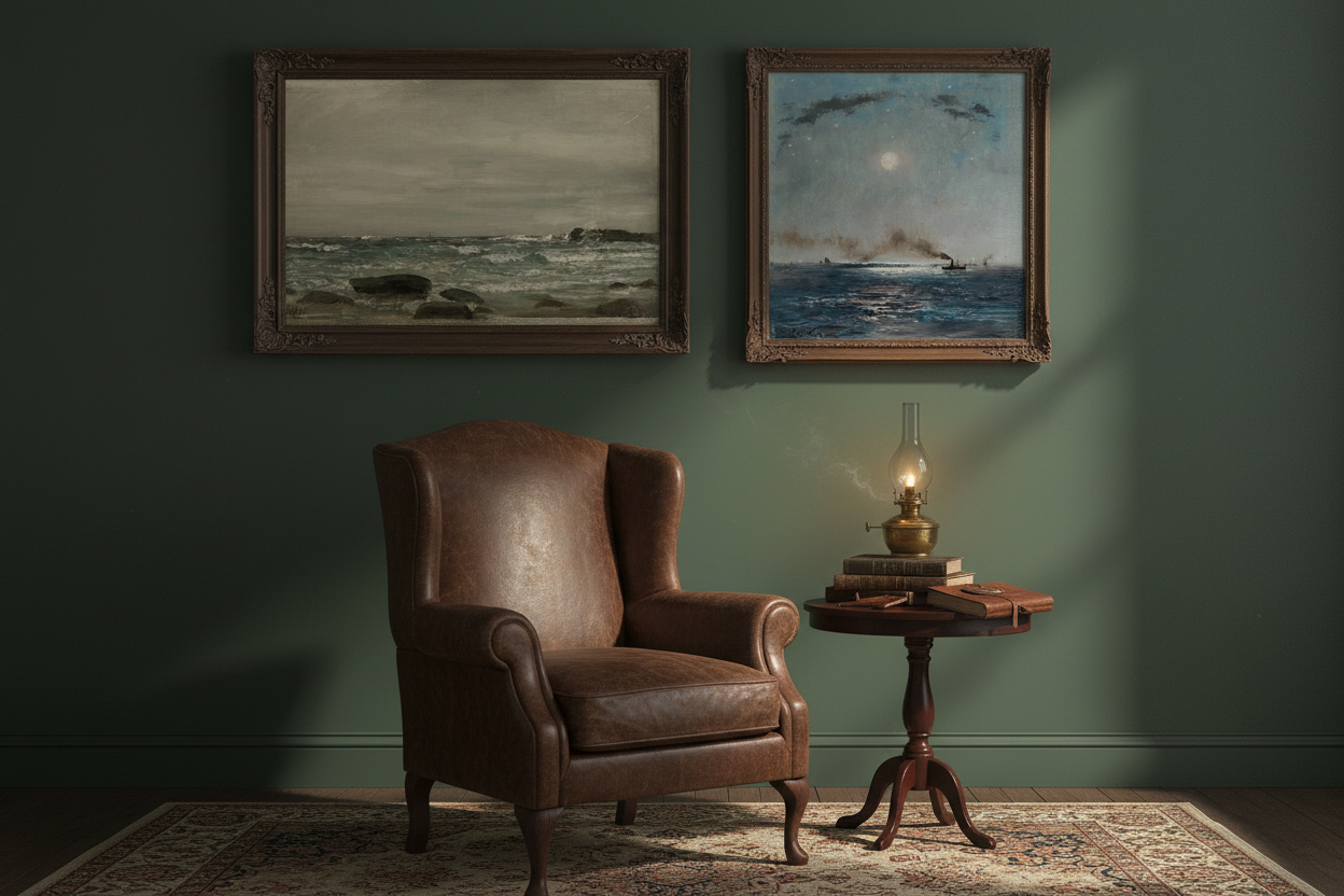 Moody coastal seascape prints in dark wood frames on forest green wall in gothic study with vintage books
