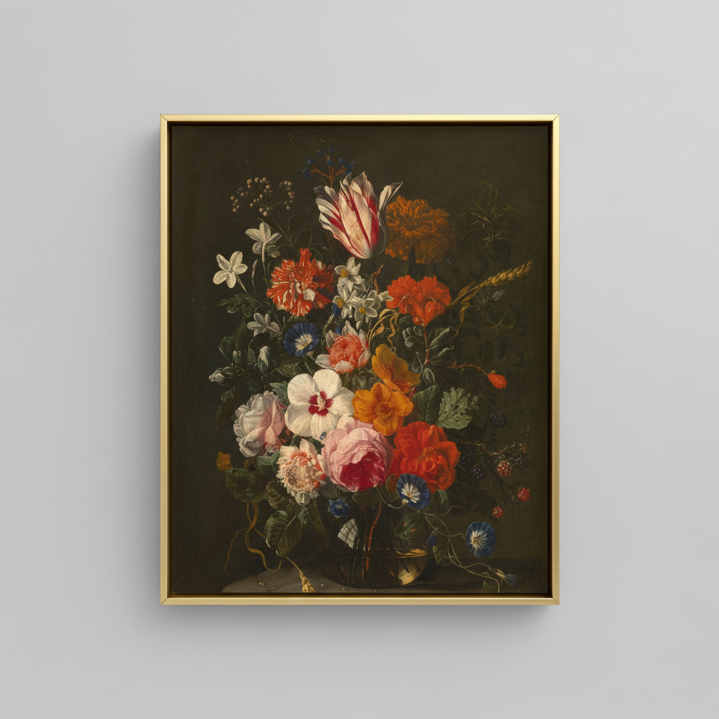 Vintage Dutch bouquet still life fine art print, displayed in brassy gold frame on light gray wall - elegant home decor