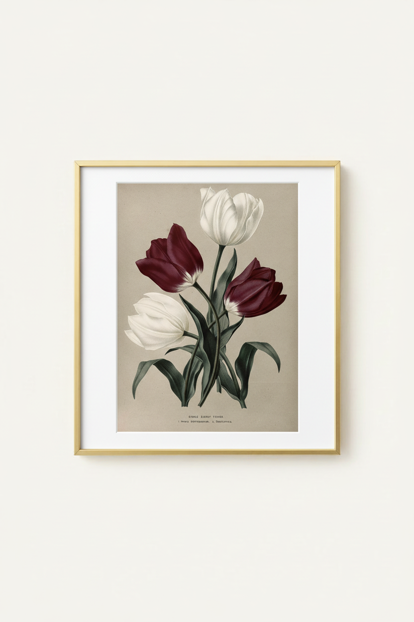 Vintage tulip print in simple gold frame - gallery wall art