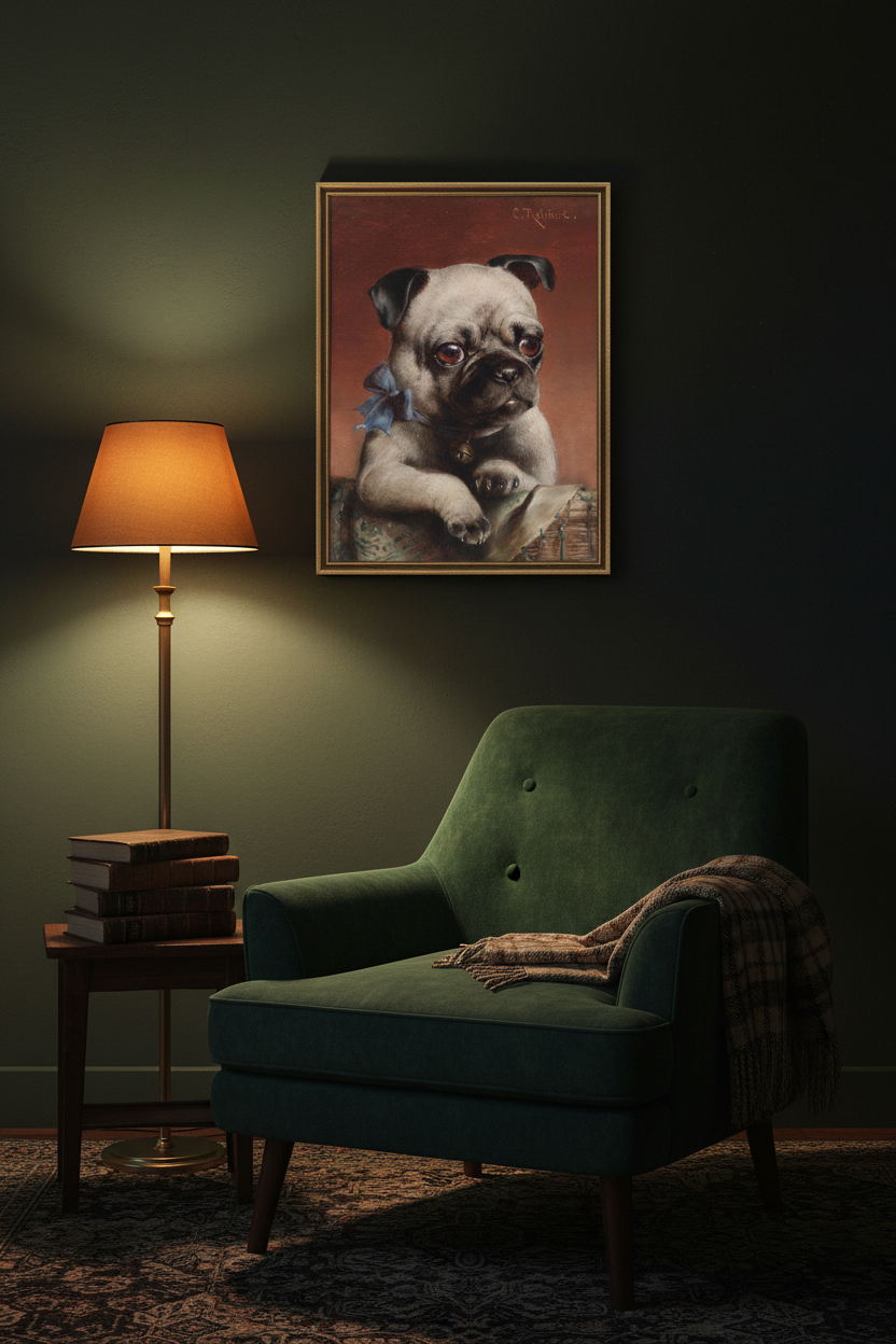 Vintage pug portrait print in dark gold frame on moody green wall