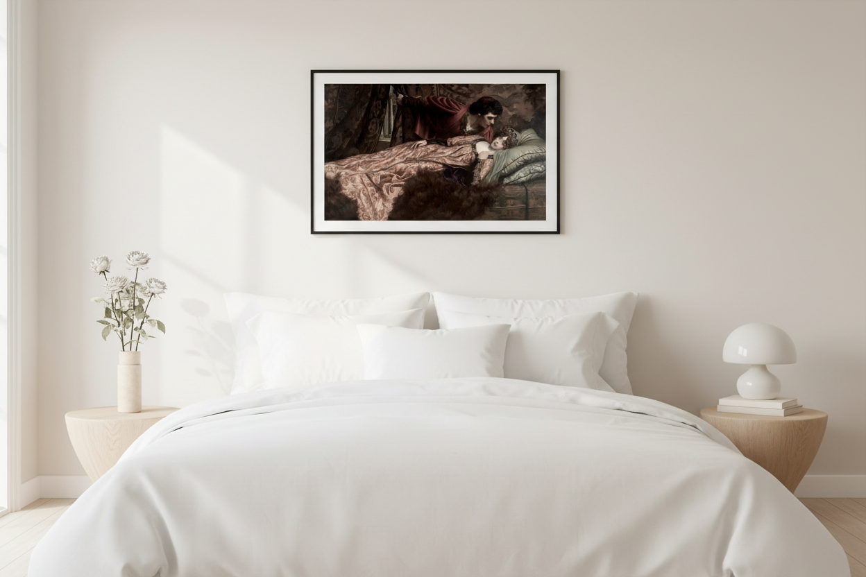 Romantic classical couple print in black frame on light wall in elegant minimalist bedroom
