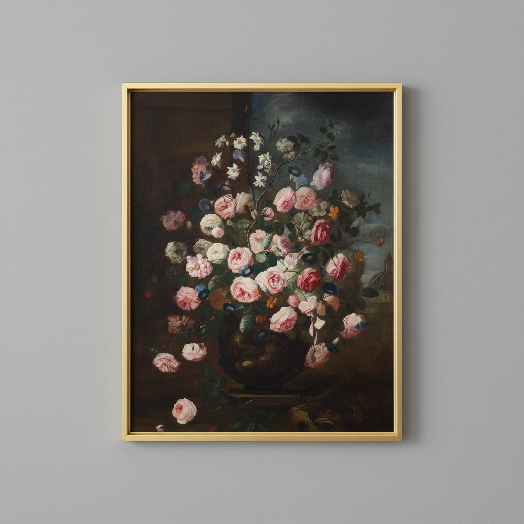Fine art posters collection, displayed in brassy gold frame on light gray wall - elegant home decor