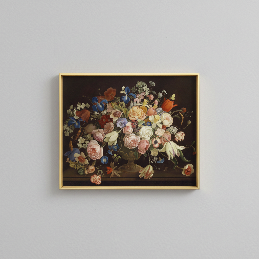 Vintage floral still life fine art print, displayed in brassy gold frame on light gray wall - elegant home decor