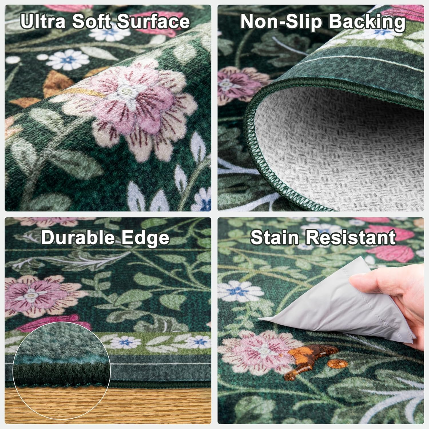 Collage of a floral rug with features labeled: Ultra Soft Surface, Non-Slip Backing, Durable Edge, and Stain Resistant.
