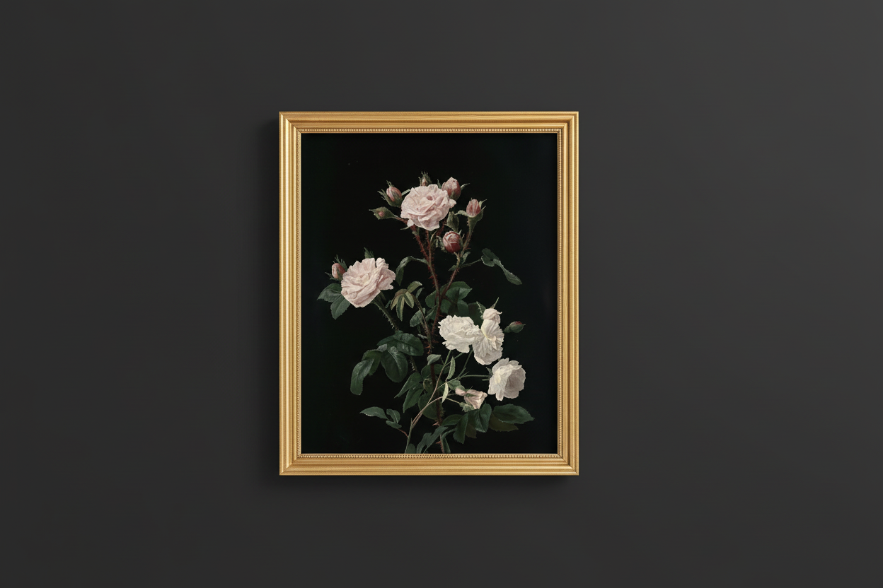 Moody dark floral art print in elegant gold frame on black background