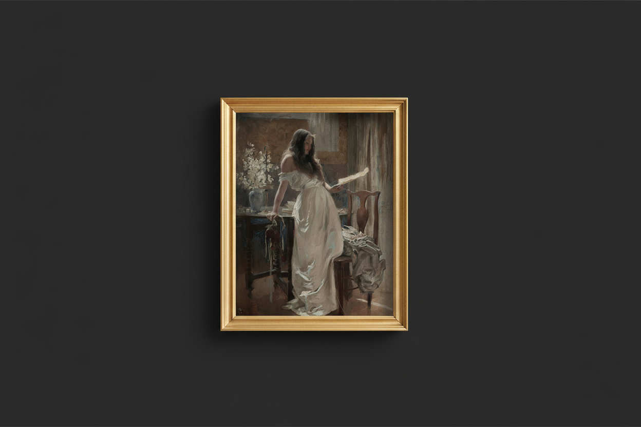 Classical fine art print of woman reading in sunlit interior displayed in elegant gold frame on dark background