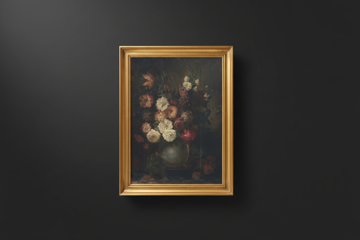 Moody dark botanical still life art print displayed in elegant gold frame on dark background