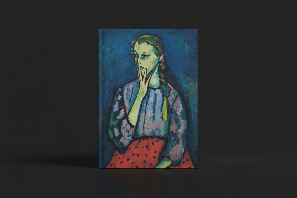 Melancholic portrait hardcover journal with dramatic lighting on dark background