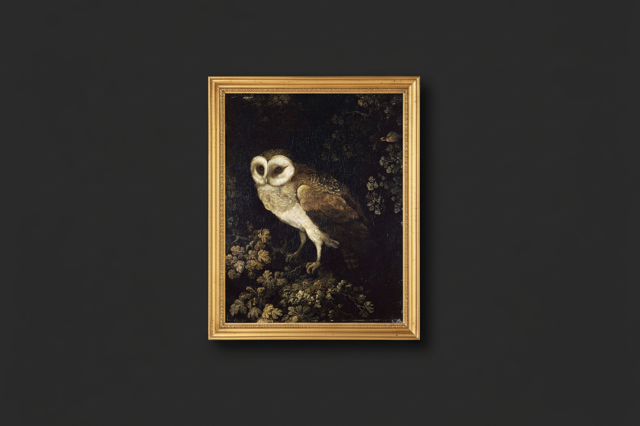 Vintage moody owl on branch digital art print displayed in elegant gold frame on dark background