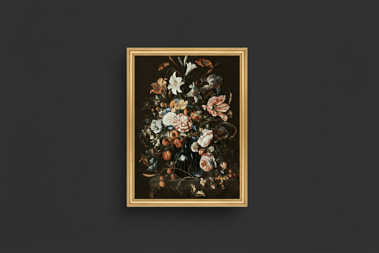 Baroque floral still life digital print with white lilies and roses on black background displayed in elegant gold frame on dark background