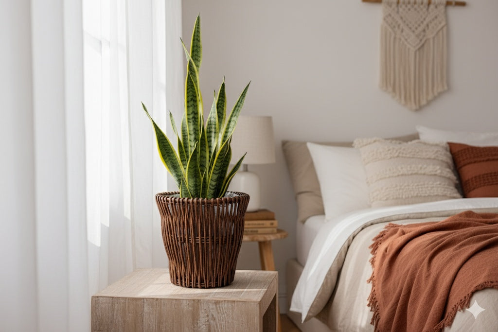Room interior with a potted plant on a side table next to a bed.