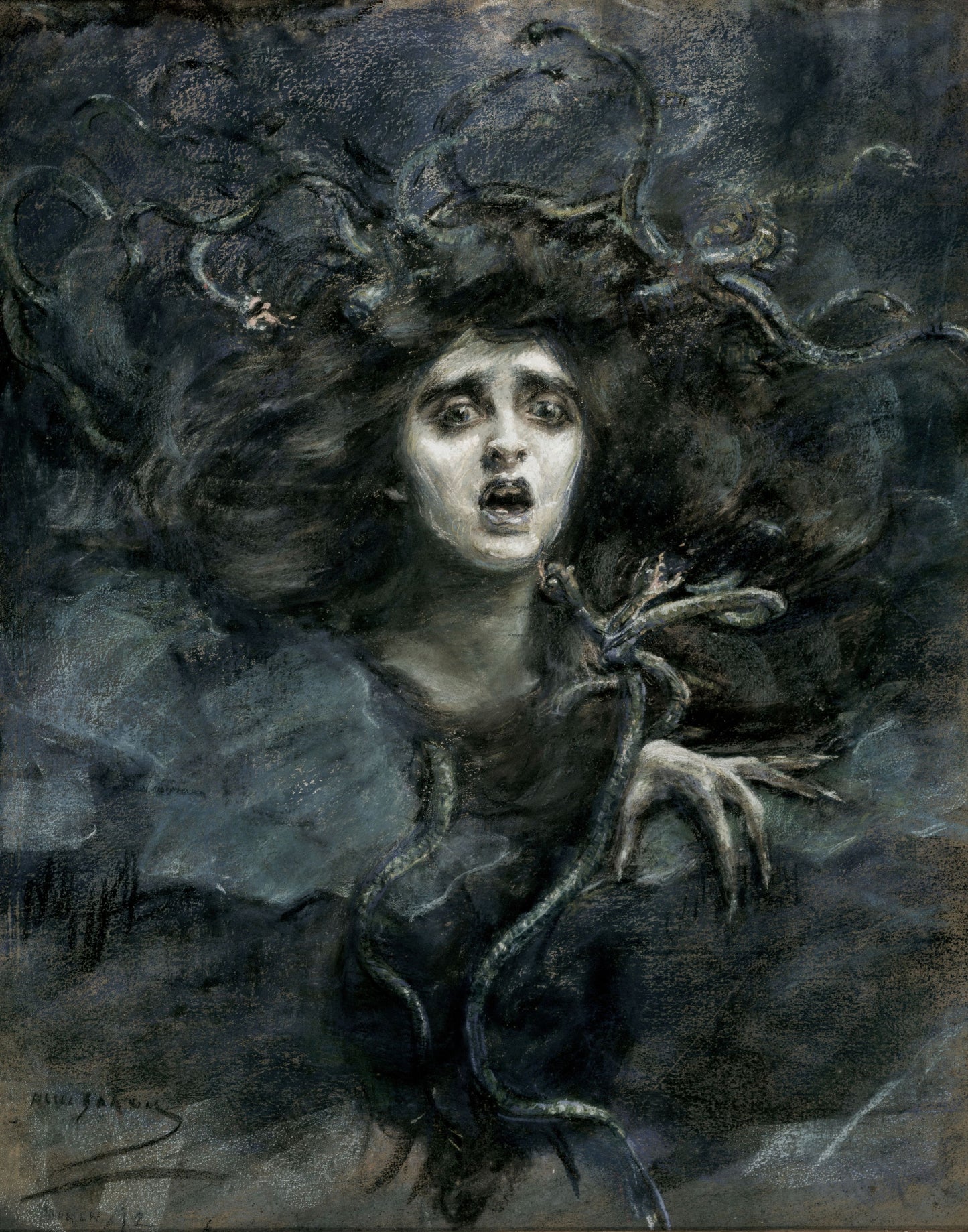 Artistic depiction of a woman with dark hair and horns, surrounded by swirling clouds.