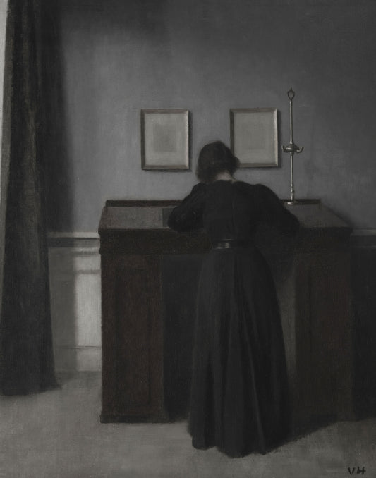 Moody Woman at Desk Digital Print — Dark Academia Wall Art Download