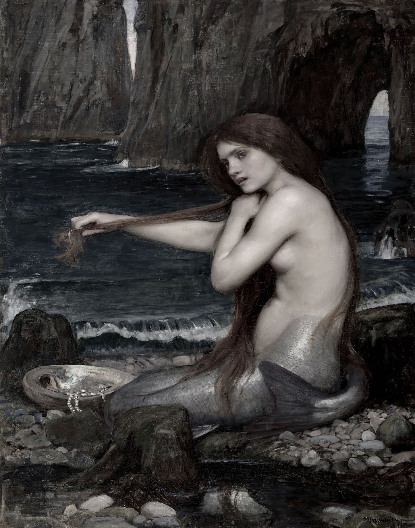 Mermaid Art Print | Dark Moody Bathroom Decor | Vintage Coastal Wall Art | Printable Digital Download