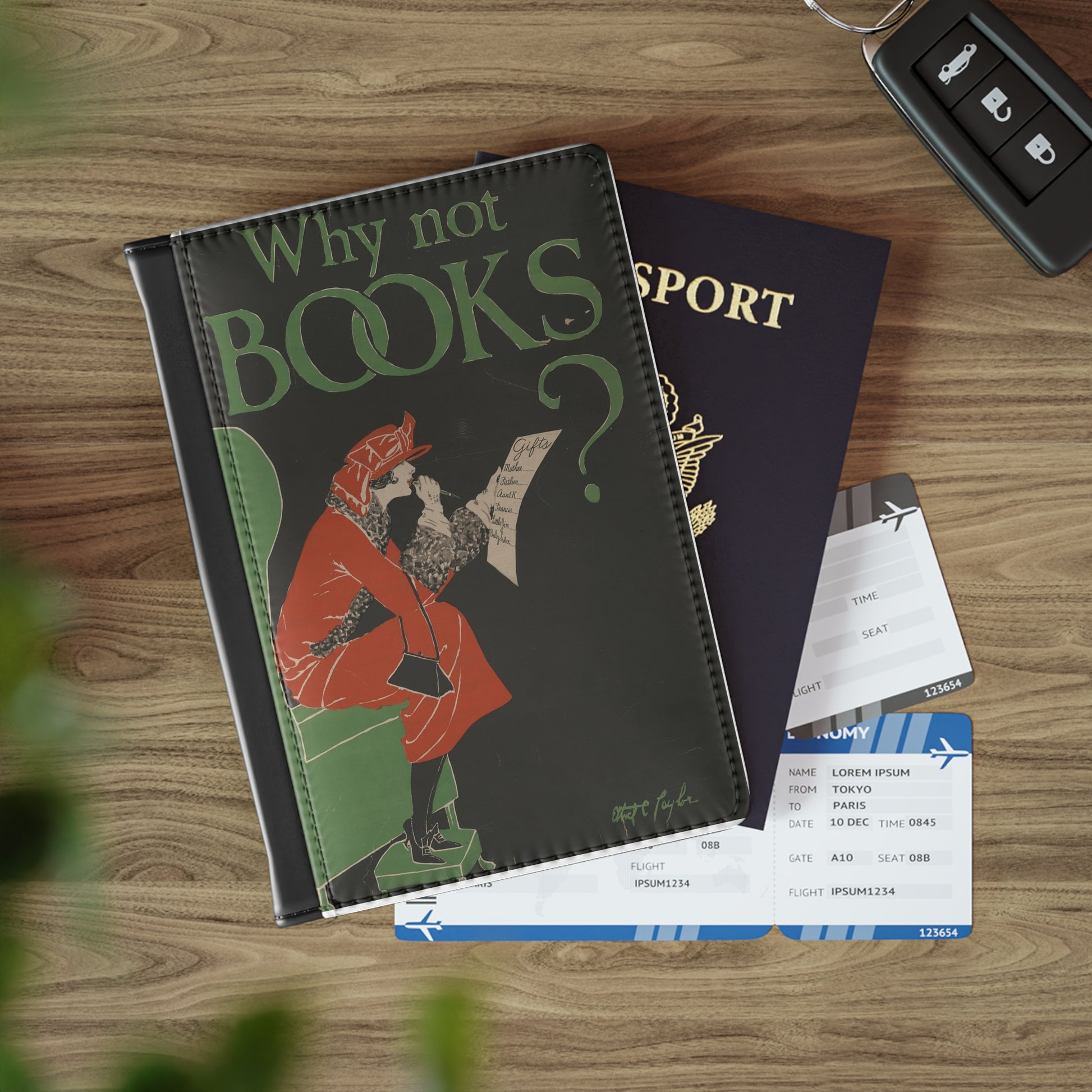 Why Not Books? Vintage Traveler Passport Cover with vintage reader illustration and playful green typography on black background