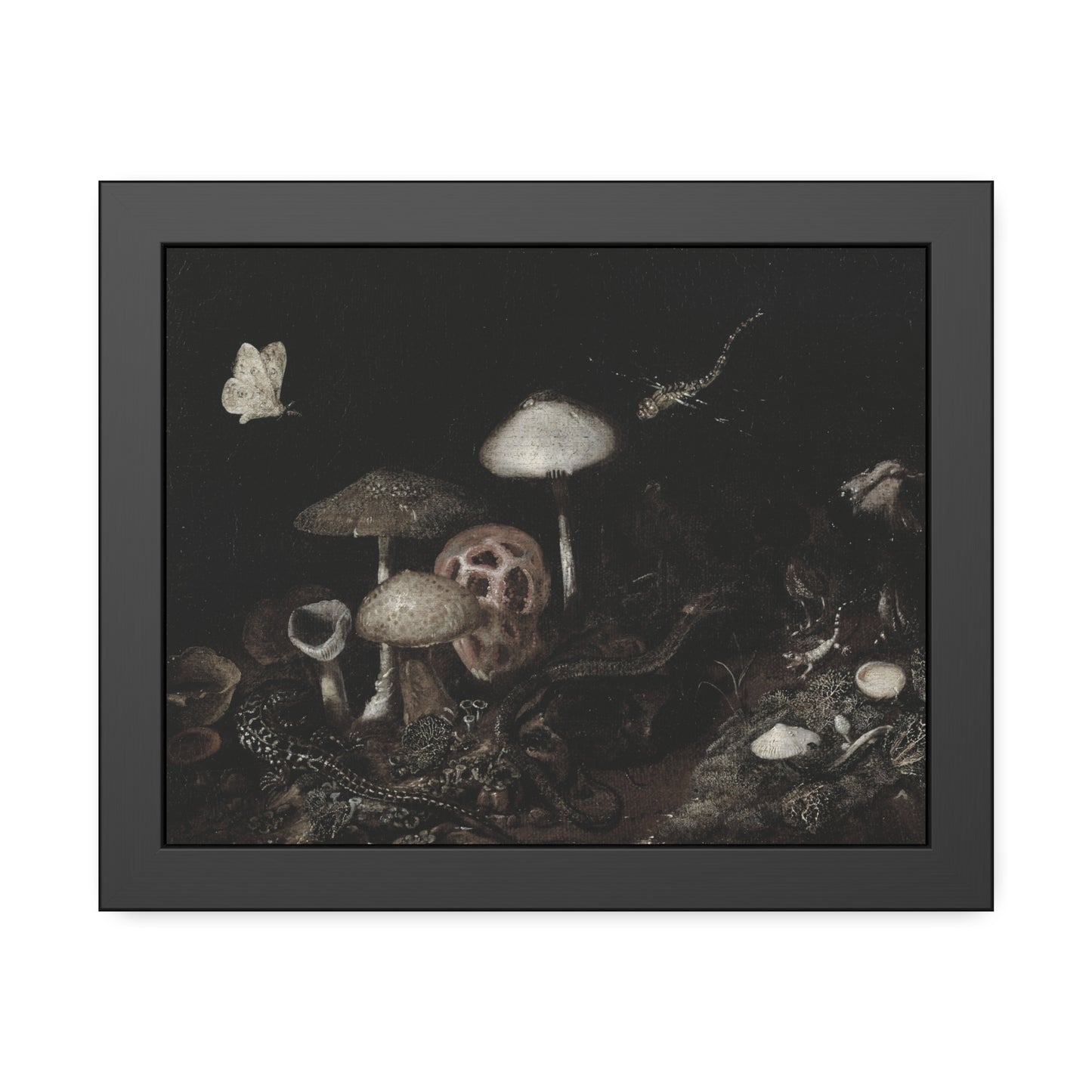 Framed Mushroom Art Print — Dark Botanical Poster with Moth