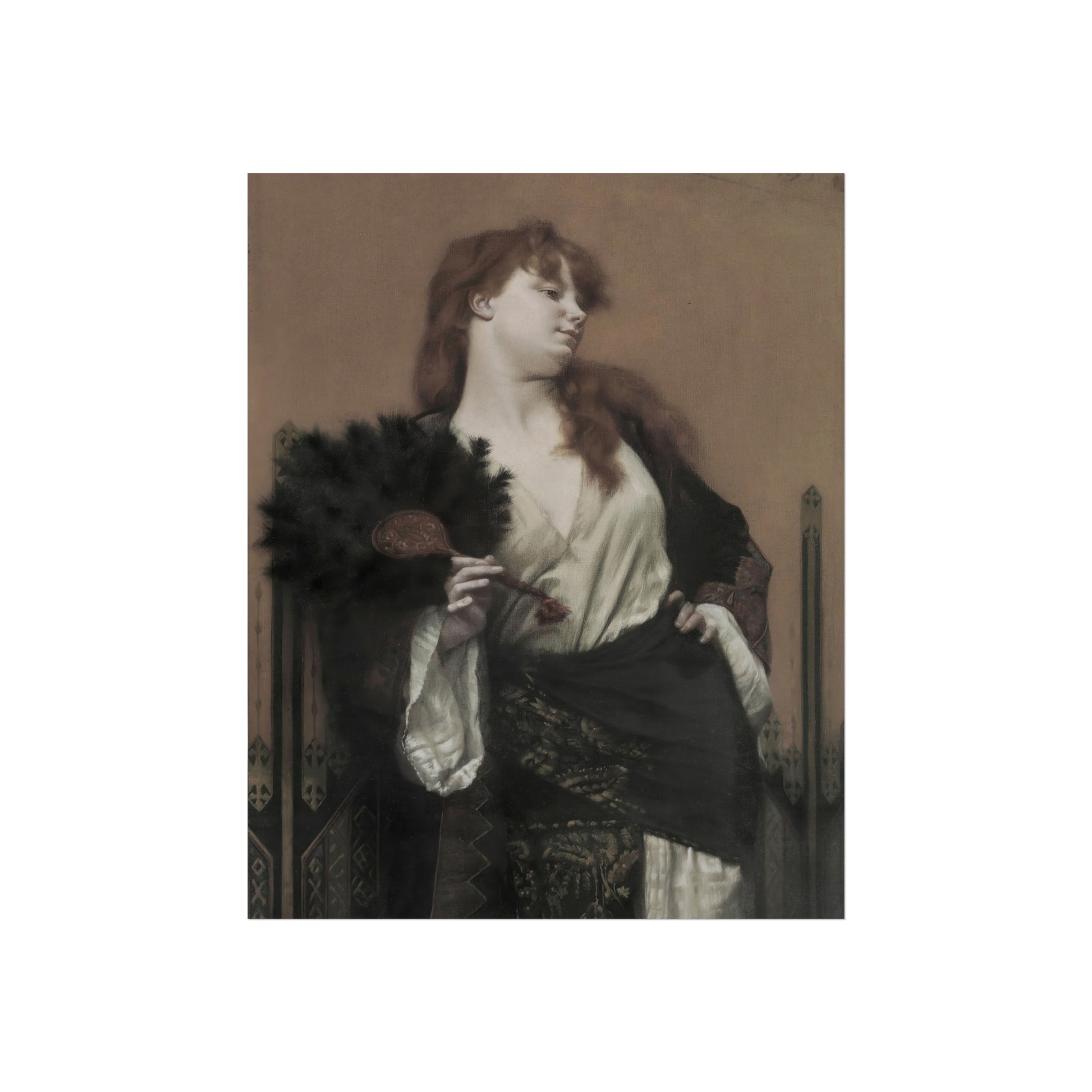 Artistic depiction of a woman holding a fan against a plain background