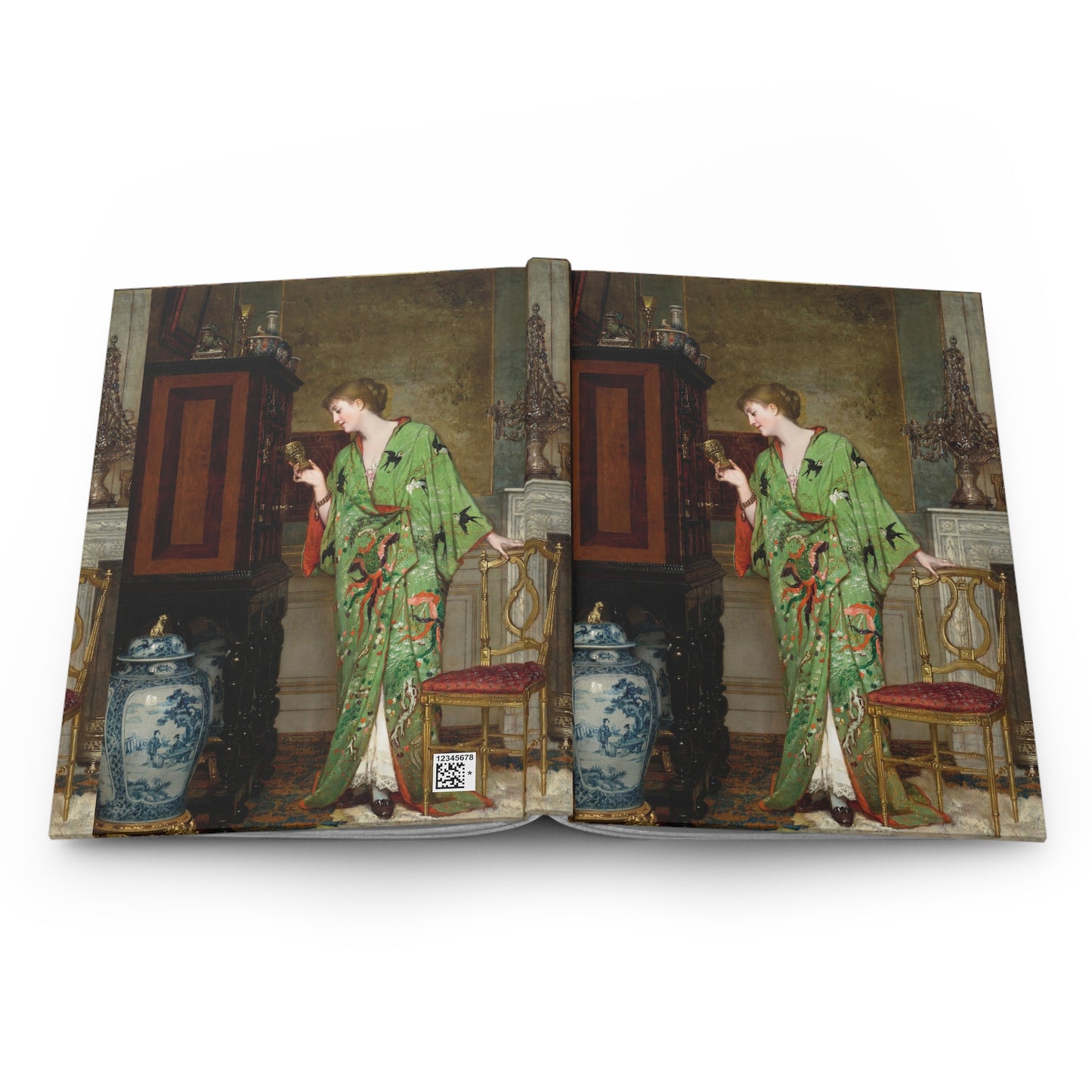 Book with a painting of a woman in a green dress in an ornate room.