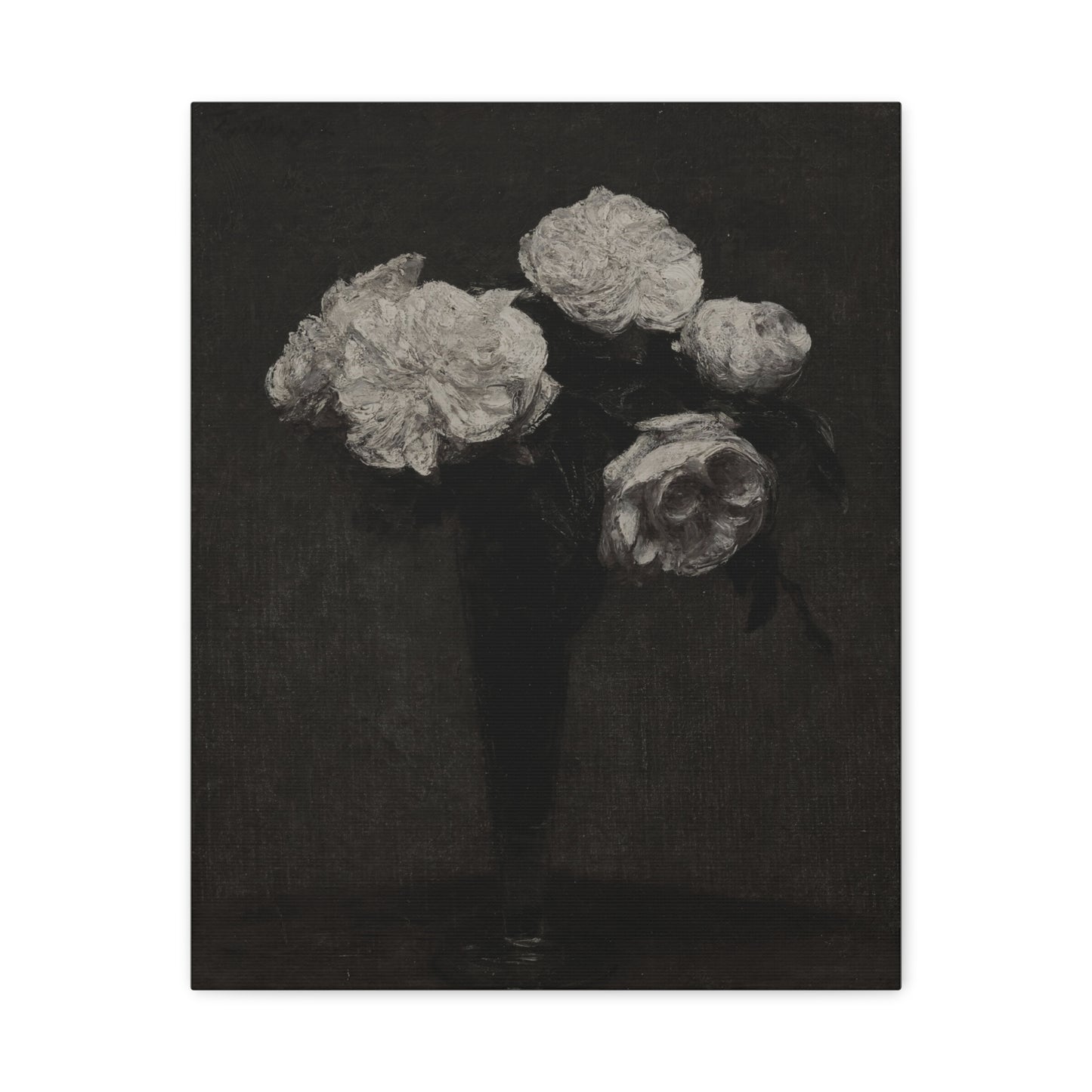 Vintage Black & White Floral Canvas Print — Peonies in Vase, Matte Stretched Wall Art