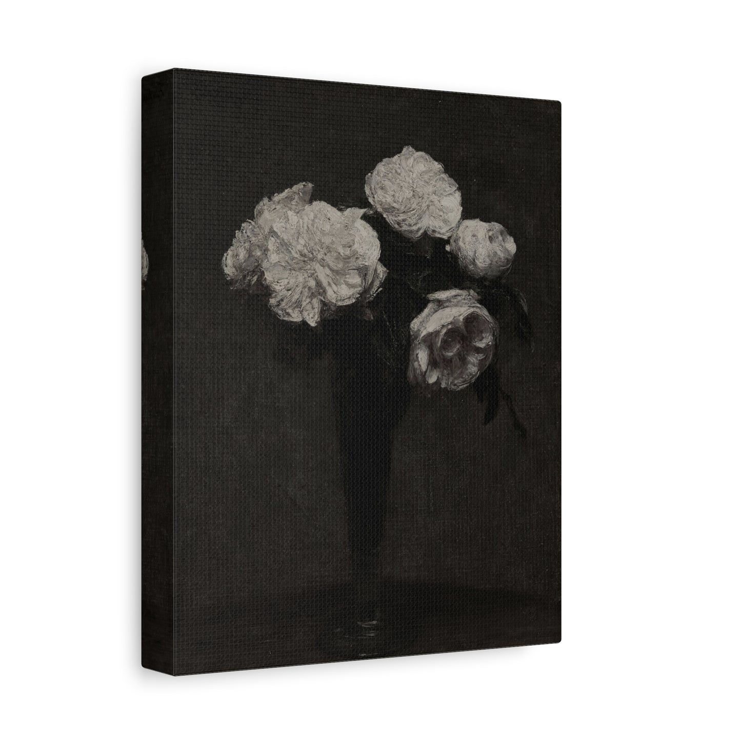 Vintage Black & White Floral Canvas Print — Peonies in Vase, Matte Stretched Wall Art