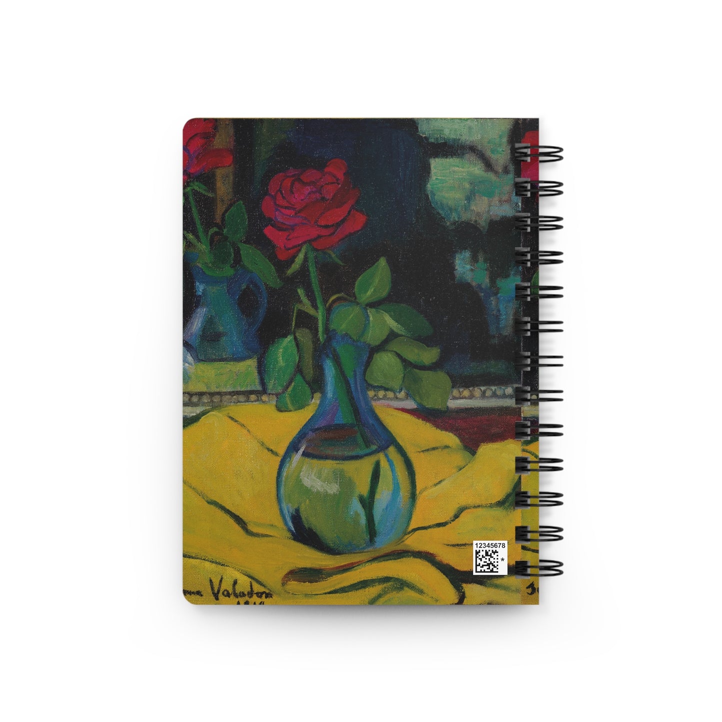Notebook with a painting of a vase and red rose on the cover