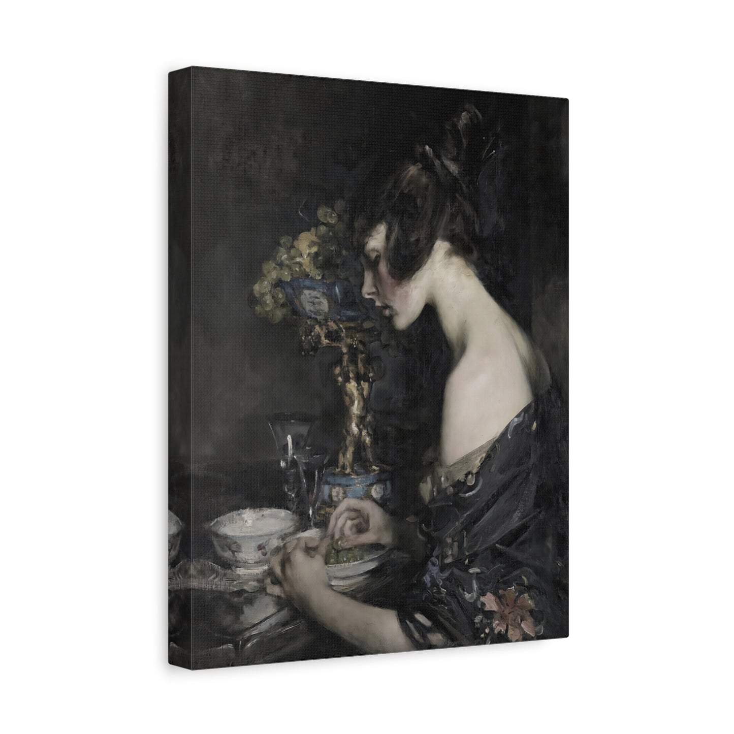 Vintage Portrait Canvas Art — Elegant Woman in Dark Still Life