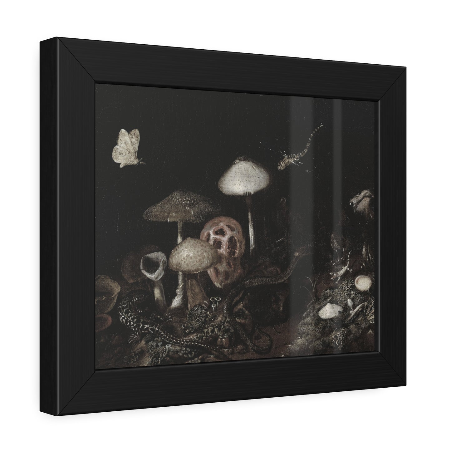 Framed Mushroom Art Print — Dark Botanical Poster with Moth