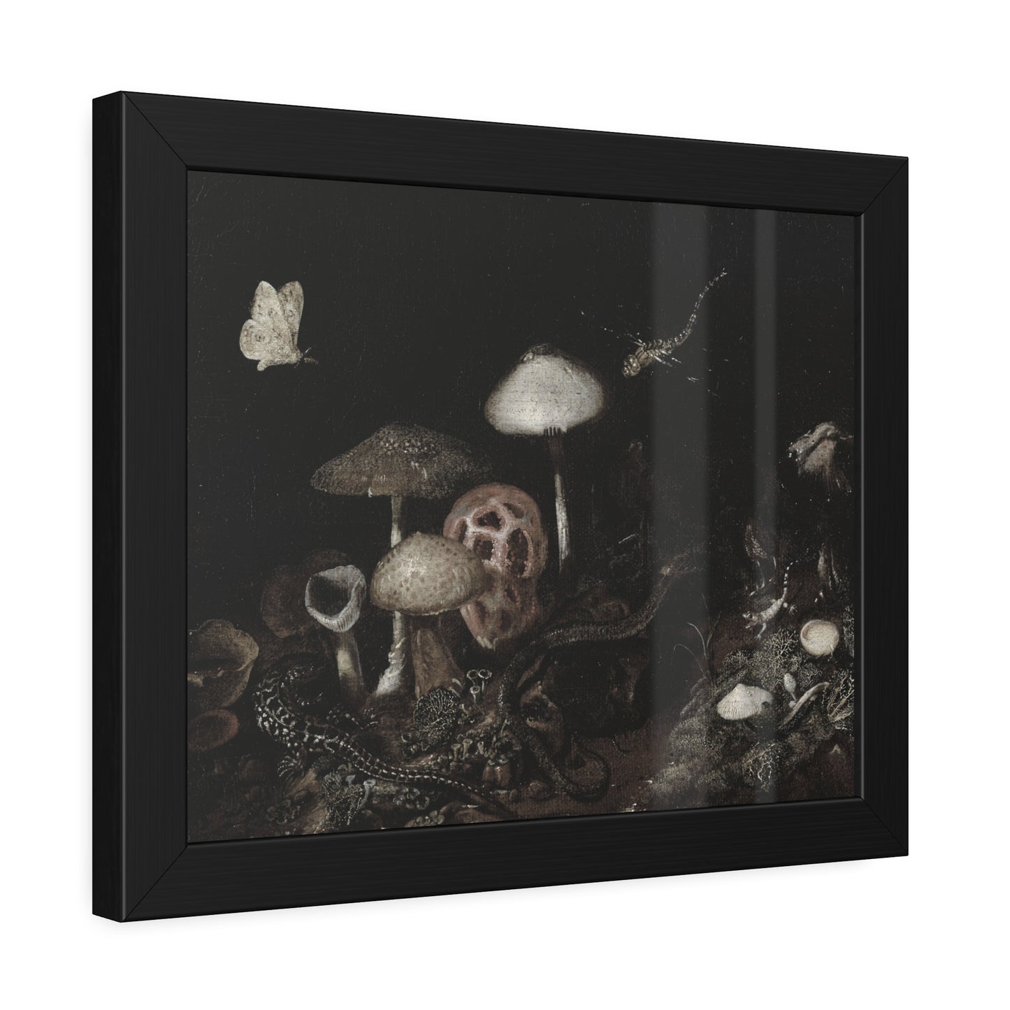 Framed Mushroom Art Print — Dark Botanical Poster with Moth