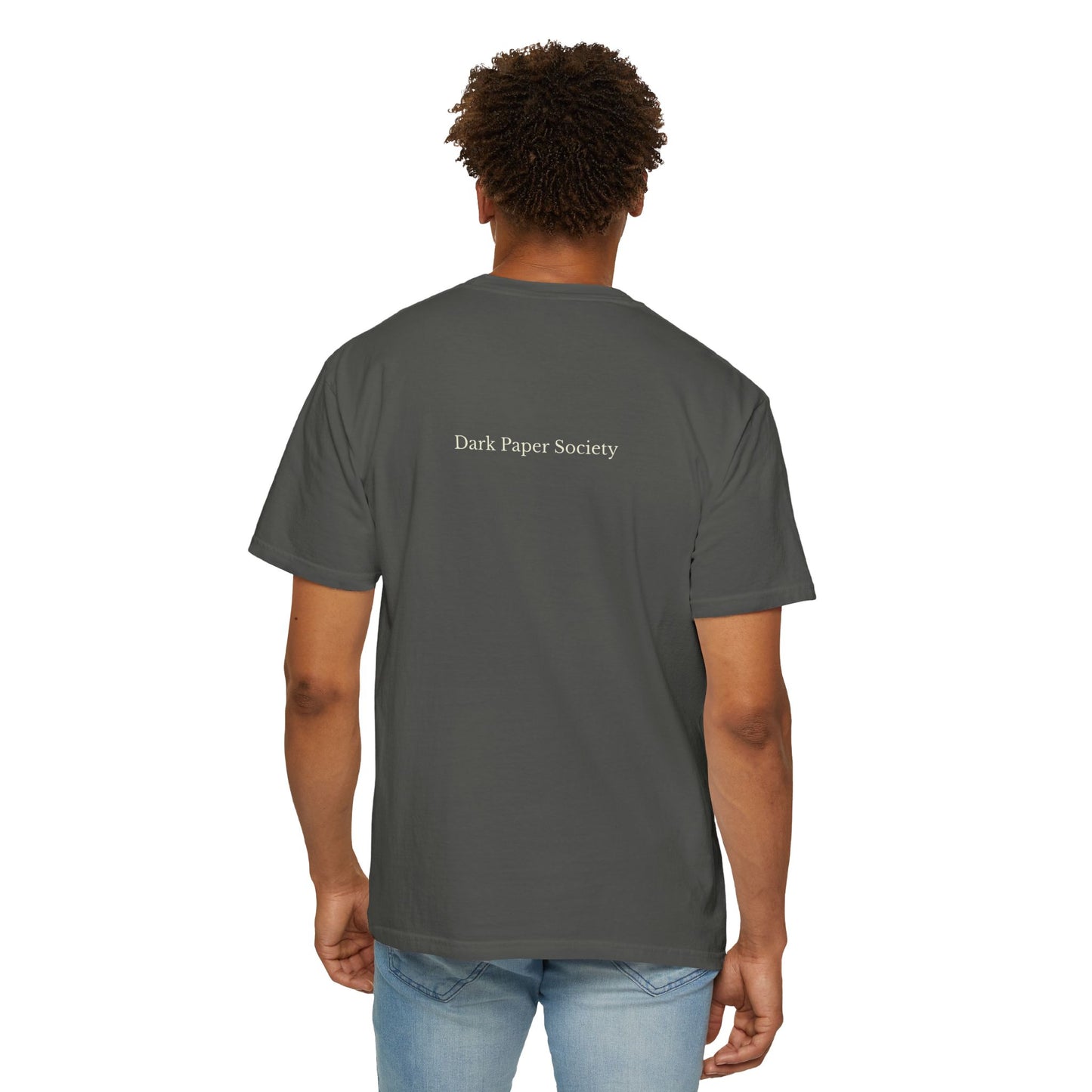 Person wearing a gray t-shirt with 'Dark Paper Society' text on the back, standing against a white background