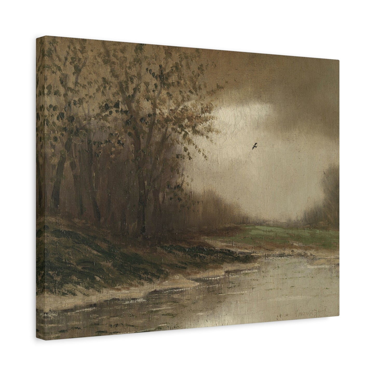 Misty Riverbank Landscape Canvas Print – Serene Vintage Nature Wall Art