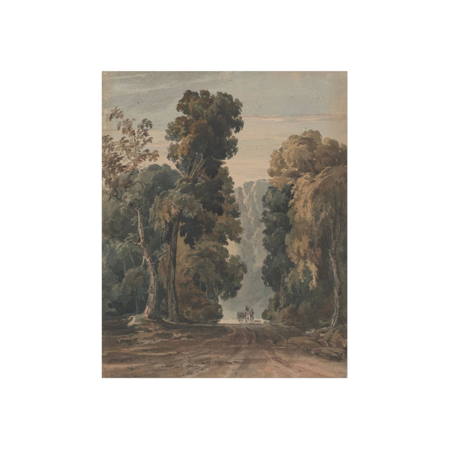 Painting of a forest scene with a path and figures on horseback
