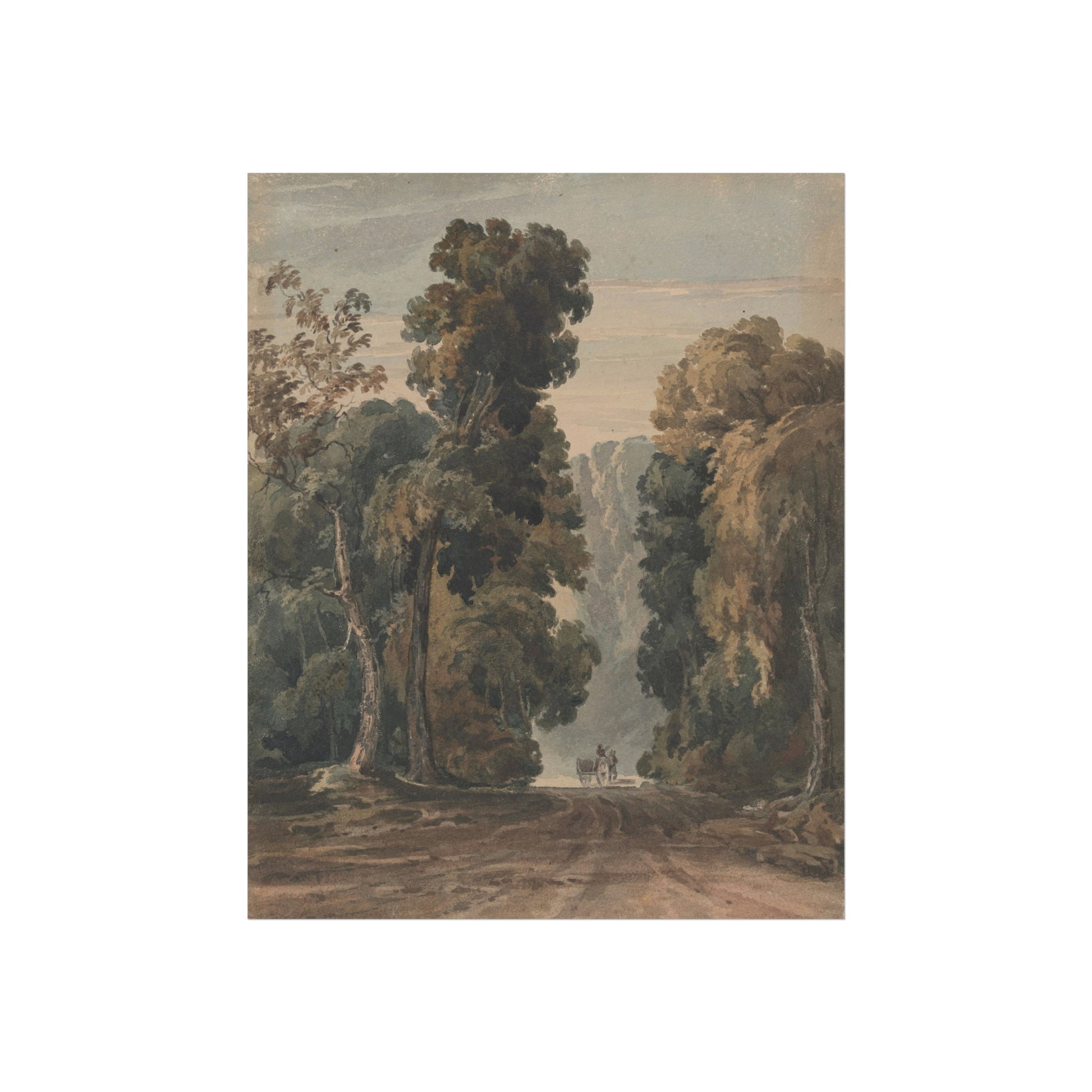 Painting of a forest scene with a path and figures on horseback